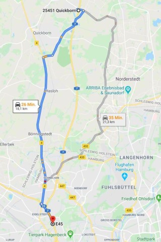 Abfahrt ab Quickborn in Richtung Hamburg über die B4 und Hasloh (strecke links) oder über Norderstedt (strecke rechts) und wieder zurück auf die A7 am Dreieck Nordwest.