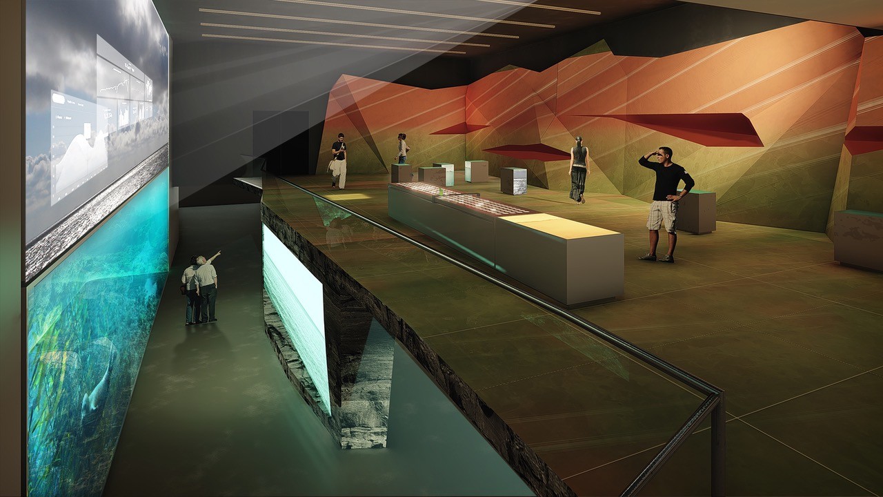 Die Visualisierung zeigt einen Raum der geplanten Erlebnis-Ausstellung Bluehouse auf der Hochseeinsel Helgoland. 