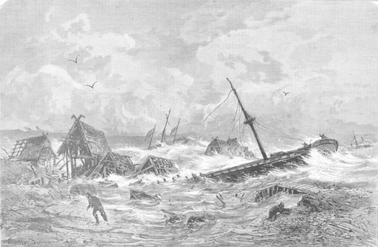 Haffkrug in der Sturmflut, Holzstich von 1872 