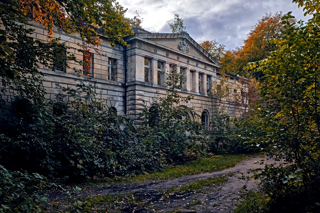 Das Schloss Dwasieden auf Rügen liegt versteckt mitten im Wald.