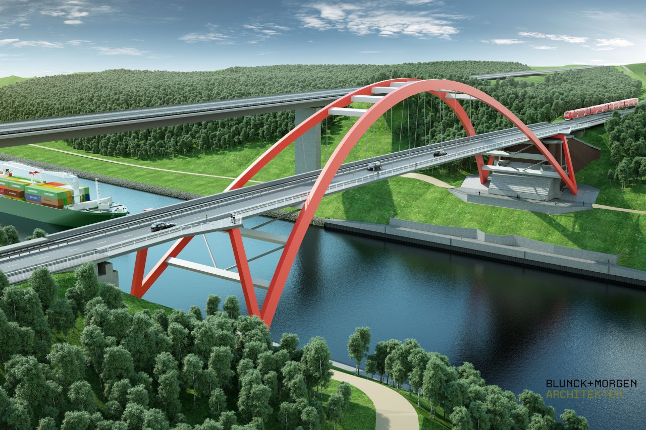 Eine Visualisierung aus dem Jahr 2013 zeigt den geplanten Ersatz der Levensauer Hochbrücke über den Nord-Ostsee-Kanal bei Kiel. 