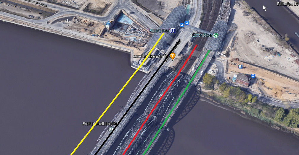 Hier sollen noch zwei Fernbahn-Gleise zwischengequetscht werden: In grün die Brücke für den S-Bahnverkehr, in rot der Fernverkehr, in schwarz der Autoverkehr und in gelb die hier endende U4, die eines Tages auch noch ihre Brücke bekommen könnte.