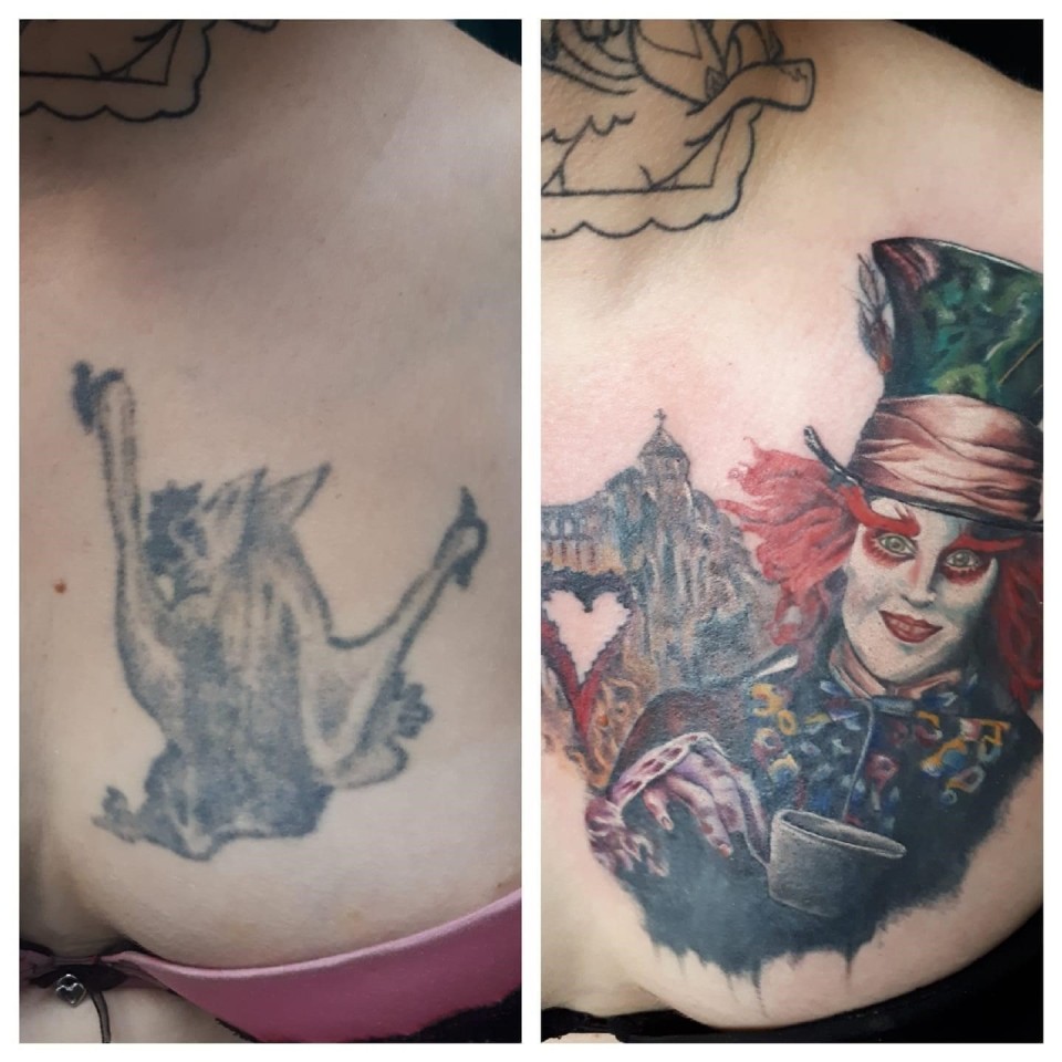 Aus dieser peinlichen Fledermaus zauberte Liz Vegas ein zauberhaftes „Alice im Wunderland“-Tattoo aufs Dekolleté.