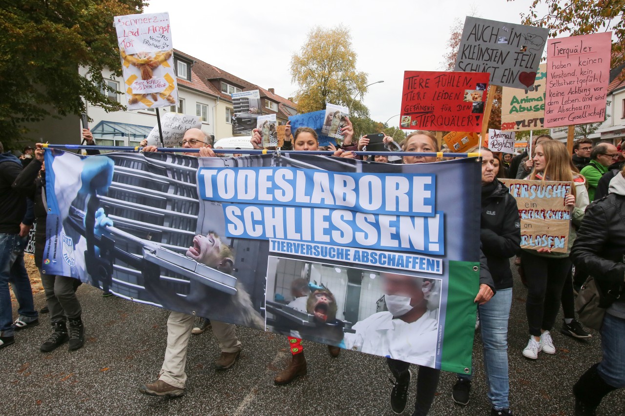 Im Oktober 2019 demonstrierten zahlreiche Menschen in Hamburg-Neugraben gegen Tierversuche. 