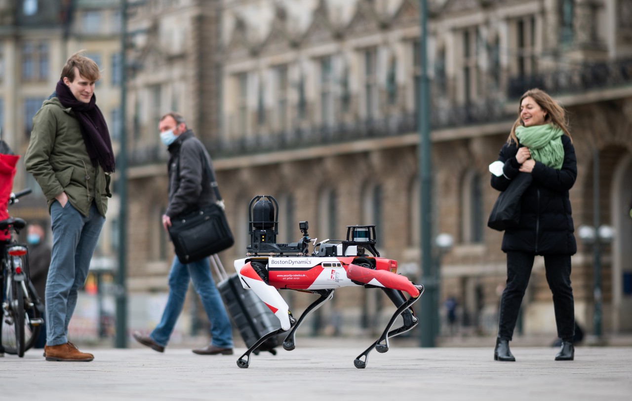 Hamburg: Roboter „Spot“ läuft über den Rathausmarkt und wird von Passanten beobachtet.
