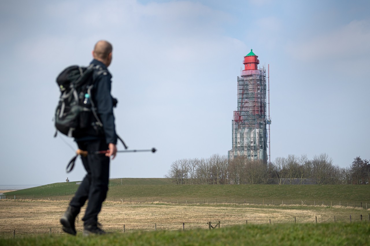 Ein Spaziergänger blickt auf den eingerüsteten Turm.