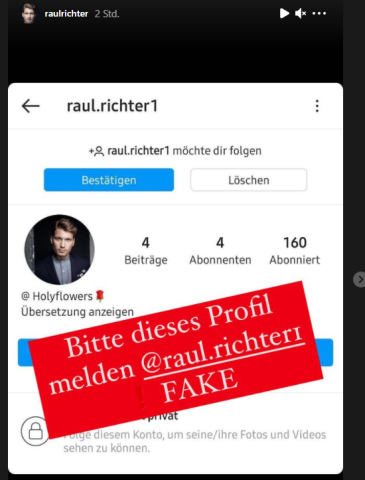 „Notruf Hafenkante“-Star Rául Richter zeigt Fake-Account bei Instagram.