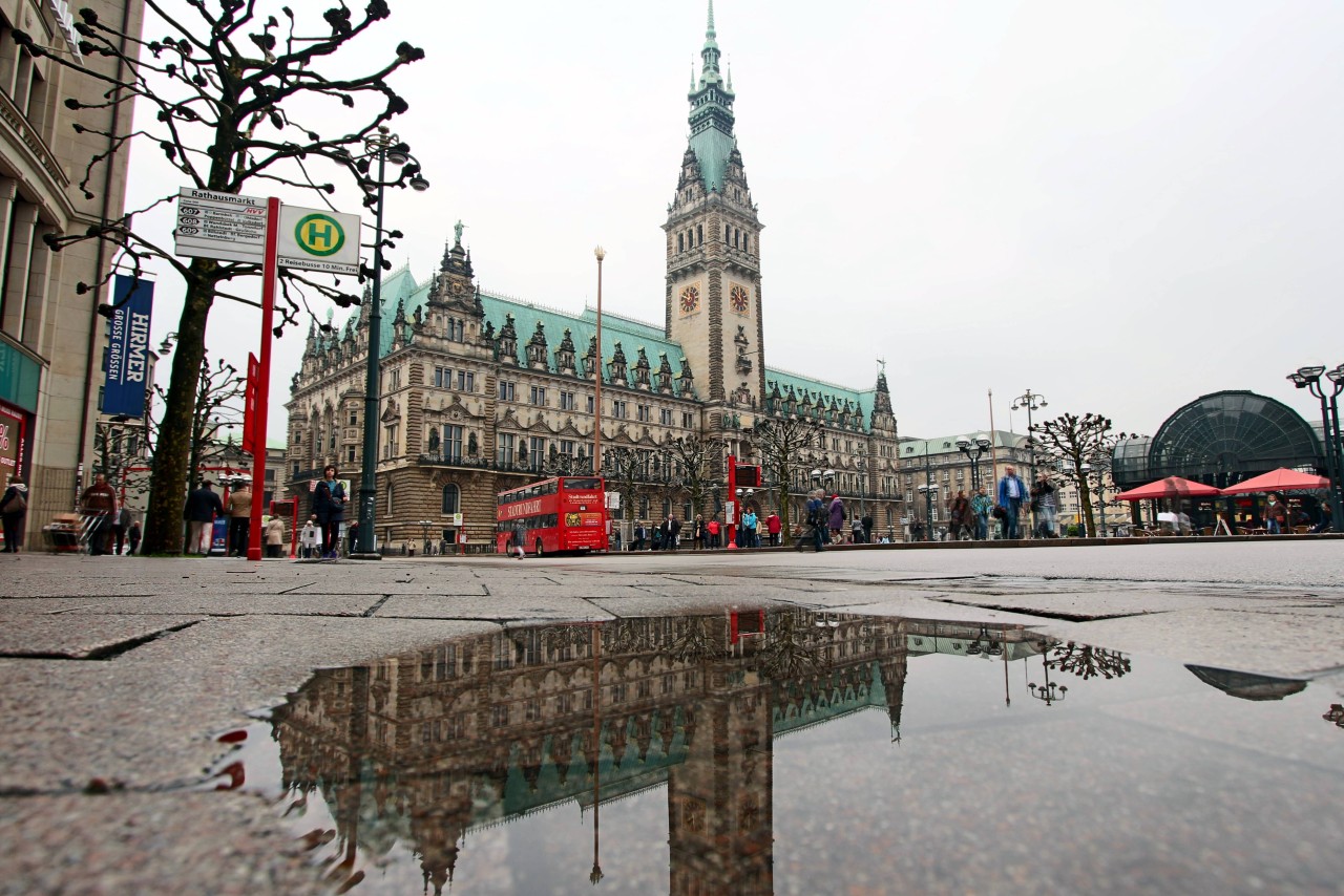 Das Rathaus in Hamburg bei regnerischem Wetter.