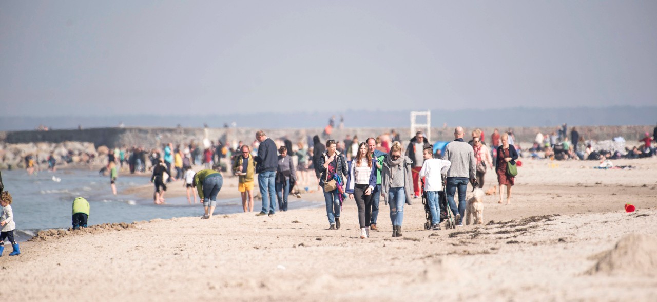 Am Strand von Warnemünde sind zahlreiche Ausflügler unterwegs.