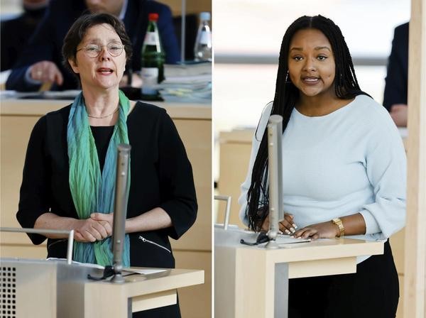 Monika Heinold (Die Grünen), Finanzministerin von Schleswig-Holstein, und Aminata Touré (Die Grünen), Landtags-Vizepräsidentin, als weibliche Doppelspitze für die Landtagswahl in Schleswig-Holstein. 