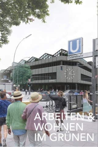 Beim grünen Entwurf bleibt die Grundstruktur des Karstadt-Hauses mit dem grauen Beton und der markanten Uhr erhalten.