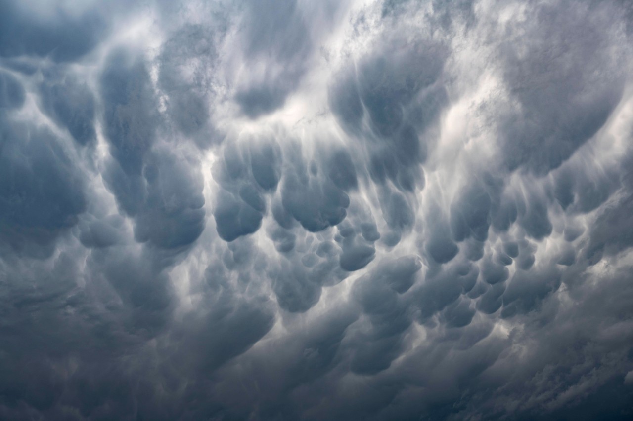 Mammatus-Wolken sind hängende, beutelartige Quellformen an der Unterseite einer Gewitterwolke