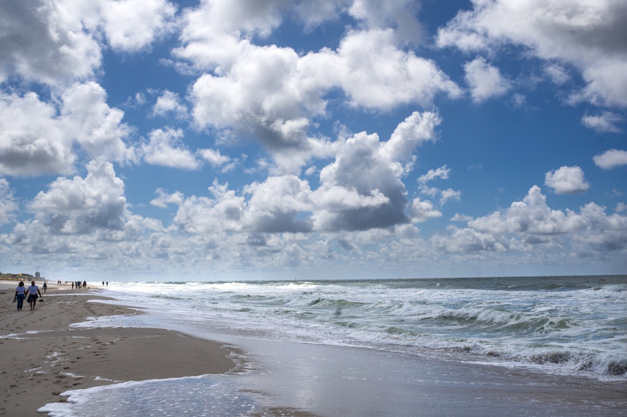 Menschen spazieren am Strand von Sylt.