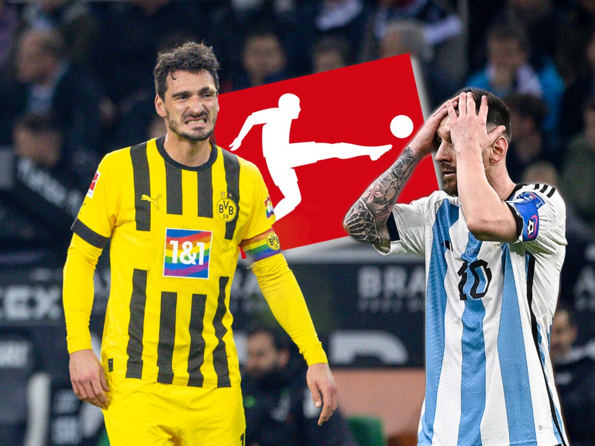 Mats Hummels und Lionel Messi schauen auf das Bundesliga-Logo.