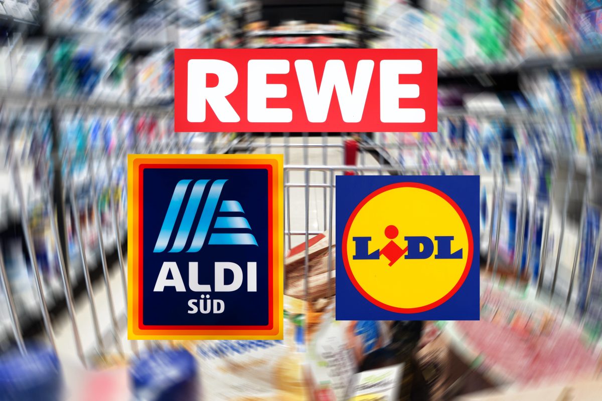 Aldi, Lidl, Rewe und Co. Logo Einkaufswagen Produkte Regale