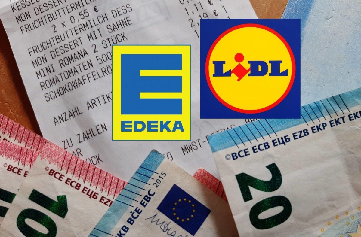 20- und 10-Euro-Scheine, Kassenbon, Edeka- und Lidl-Logo