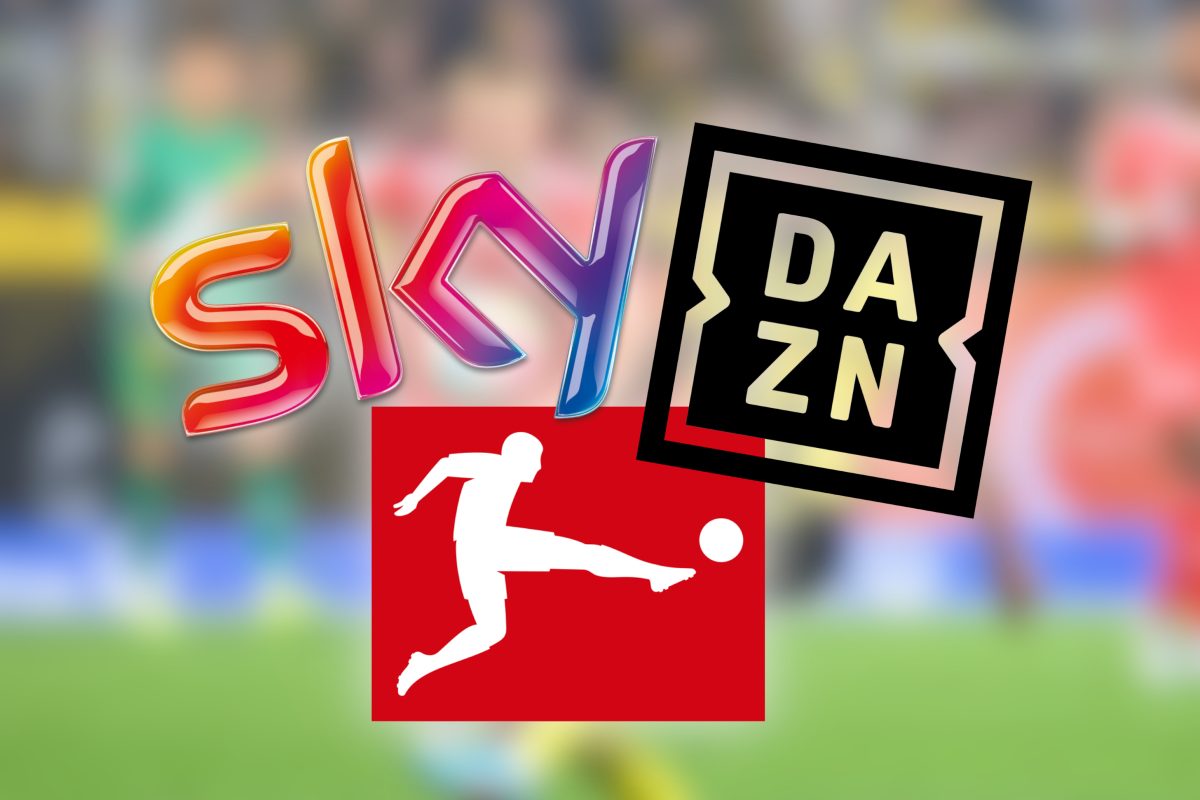 Die Logos von Sky, DAZN und der Bundesliga vor einem Zweikampf-Bild.