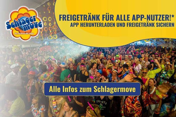 Im Hintergrund auf dem Banner siehst du eine ausgelassene Menschenmenge auf einer Party. Haupttext (Zentraler Fokus):
Freigetränk für alle App-Nutzer! Lade die App herunter und sichere dir dein Freigetränk. Call-to-Action (Button): Alle Infos zum Schlagermove.